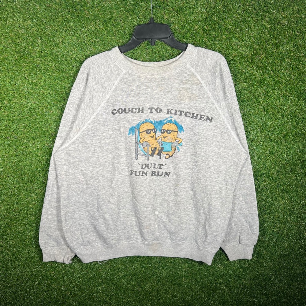 Vintage Hanes Couch to Kitchen Fun Run Sweatshirt XL Heather Gray 80s USA Made